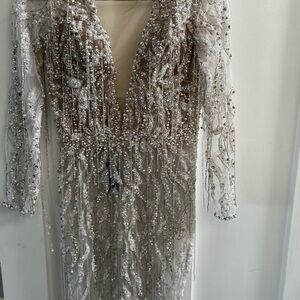Albina Dyla Silver and White Beaded dress